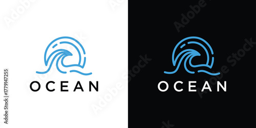 Ocean water wave logo design, river water flow, water abstract vector pattern logo in blue color