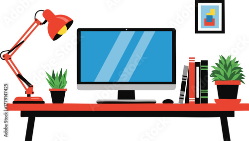Red desk setup with computer books lamp and plants creating a cozy and productive workspace illustration