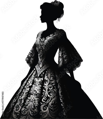 A silhouette illustration of a female figure wearing 1800s fashion from the Philippines. The dress features a large skirt and patterned bodice.