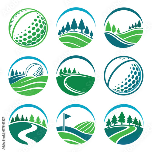 Collection of golf course themed circular logos featuring golf balls, trees, and rolling green hills design