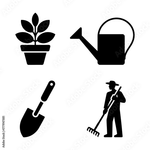 Potted plant with leaves, watering can, garden trowel, and male gardener holding rake silhouette icon set. Vector illustration.