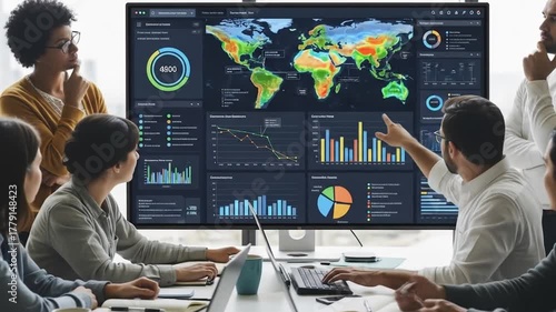 Global Business Analytics Team Meeting Analyzing Financial Data and World Map on Screen