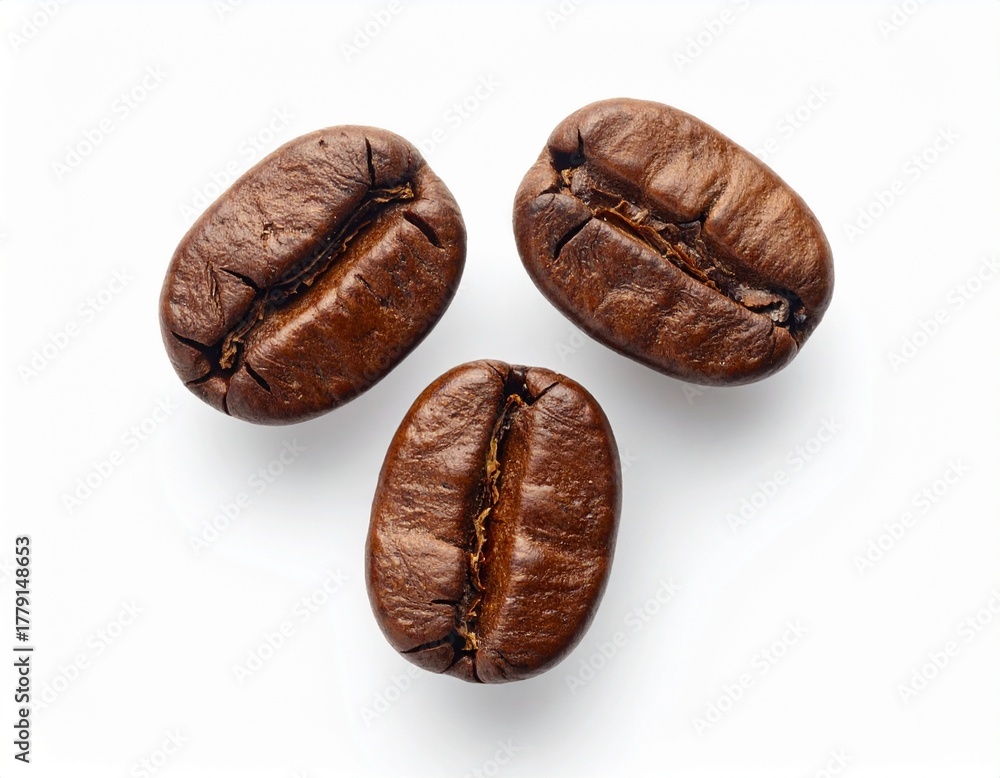Obraz premium Three coffee beans on white surface, top view, simple detail shot