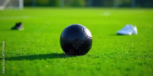Soccer Ball and Gear on Field A professional grade soccer ball, a pair of black soccer cleats, and white shin guards are arranged artfully on a perfectly manicured, vibrant green soccer field. The