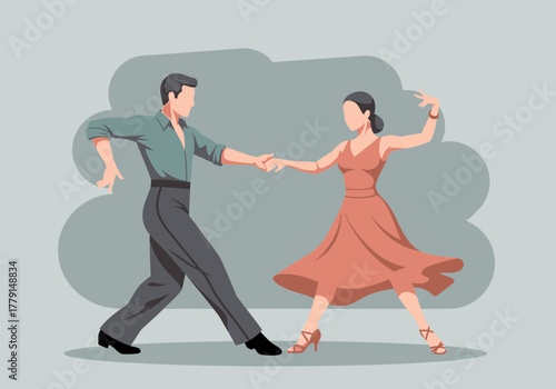 Couple dancing ballroom style holding hands with flowing dresses.
