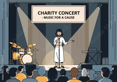 Person speaking at a charity concert with a band and audience.