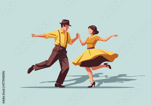 Couple dancing swing dance, man in hat, woman in yellow dress.