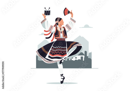 Woman in traditional costume dancing with objects in hands.