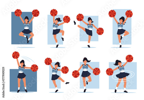 Cheerleaders in uniform performing various poses with pom-poms.