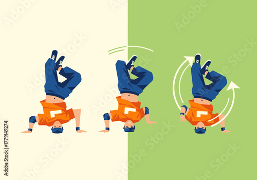 Dancer performing breakdance moves upside down in sequence.