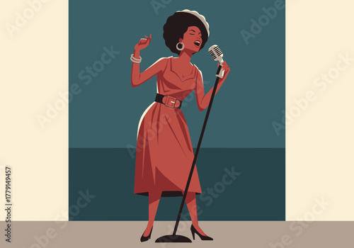 Woman singing into a vintage microphone on a stage.