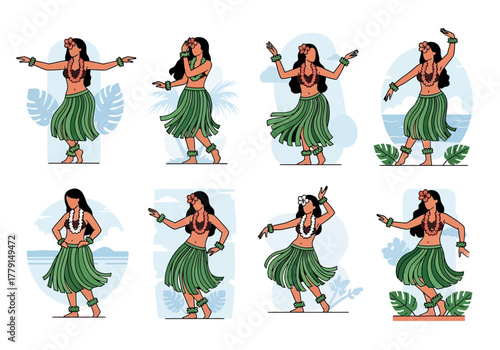 Women in grass skirts performing a traditional dance with floral adornments.