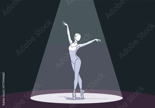A graceful dancer performs a pose under a spotlight on a stage.