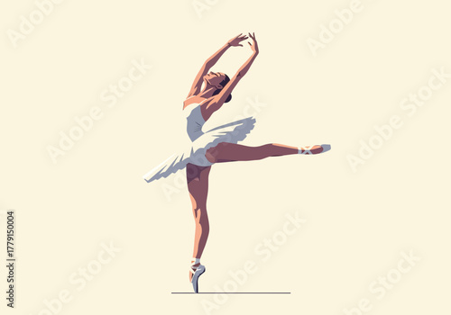 Ballerina in white tutu performing a graceful dance pose.