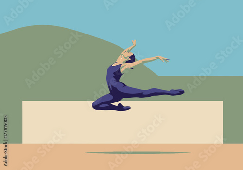 Dancer in mid-leap, performing a graceful ballet move.