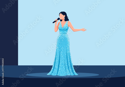 Woman in a sparkling blue gown sings into a microphone on stage.