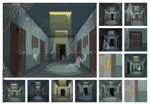 Spooky hallway with doors, shadows, and a floating ghost.