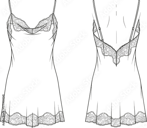 Elegant satin lace nightdress front and back view, fashion flat sketch design for luxury women lingerie sleepwear illustration
