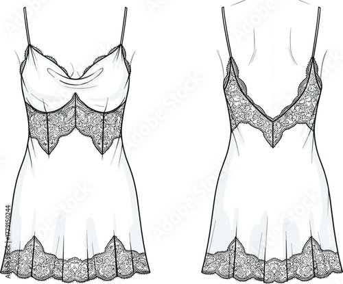 Elegant satin lace nightdress front and back view, lingerie fashion flat sketch design for stylish women sleepwear illustration