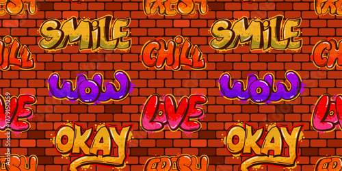 Seamless pattern with street graffiti on a brick wall.