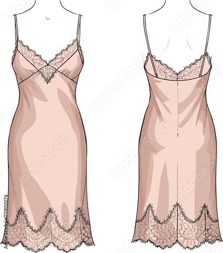 Elegant satin lace slip dress front and back view illustration, feminine nightwear fashion flat for apparel design collection