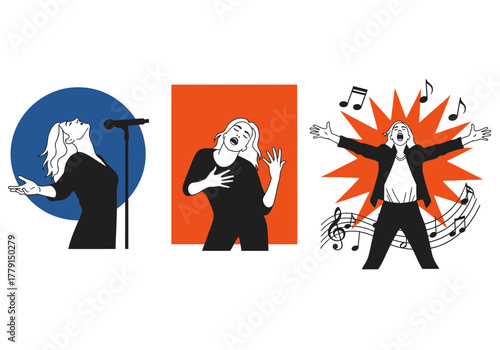 Three illustrations of a woman singing with varying intensity and musical notes.