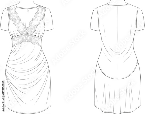 Elegant short sleeve lace nightdress design with ruched draped details and floral lace bodice, women’s fashion sketch