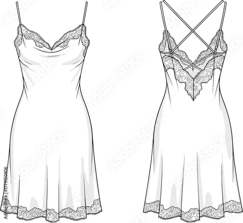 Elegant women’s lace slip dress design with crisscross back straps and floral lace trim, fashion illustration sketch