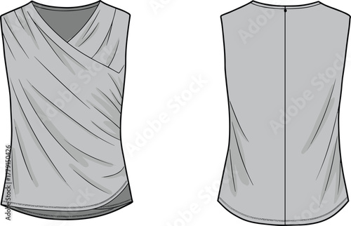 Modern sleeveless draped grey blouse with soft pleats, elegant women’s wrap top design front and back fashion illustration