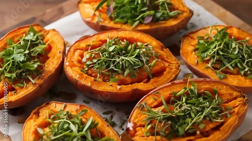 Golden Baked Sweet Potatoes with Fresh Green Herbs and Drizzle a Wholesome Side Dish or Main Course