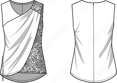 Modern sleeveless draped wrap blouse with floral printed side panel, elegant women’s fashion top technical flat front and back