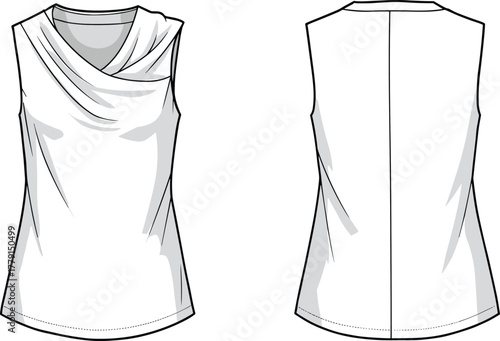 Women sleeveless cowl neck blouse flat fashion sketch front and back view elegant draped summer top design illustration