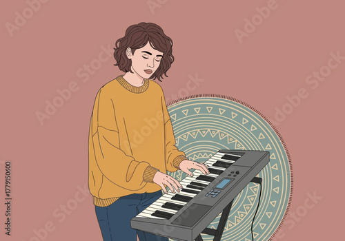 Person plays electronic keyboard with patterned circle behind.