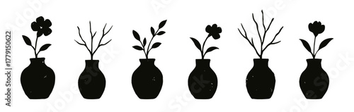 Decorative vases with flowers and leaves in artistic silhouettes. Each pot shows unique botanical composition. Elegant minimalist concept for home decor themes