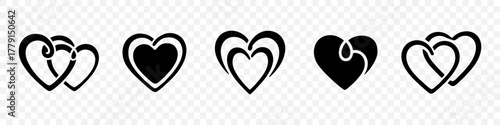 Black outlined hearts combined in elegant forms. Expressive romantic symbols representing love and togetherness. Suitable for minimal decorative compositions