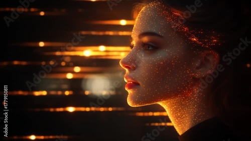 Golden Glow: A Woman's Silhouette Amidst Shimmering Lights in a Dreamlike Setting