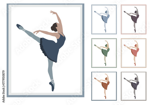 Woman in ballet pose with multiple color variations.