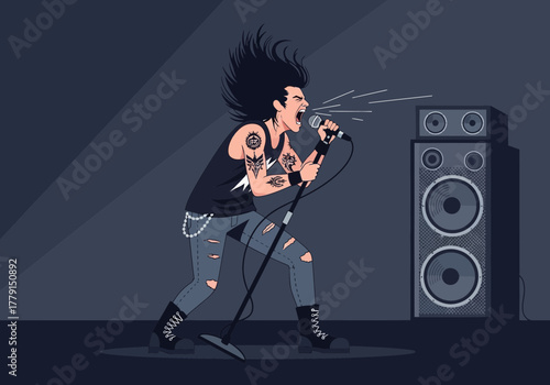 Rock singer with tattoos performs into a microphone with speakers nearby.