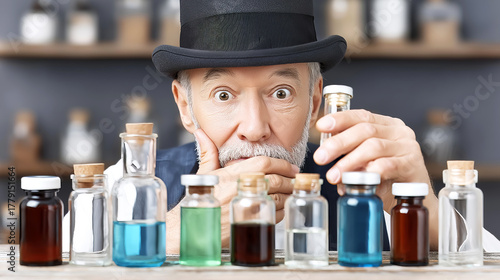 Eccentric old man in a black top hat with a surprised expression holding a small bottle, proposing new experimental medical solutions