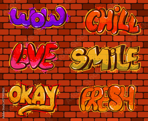 A set of street graffiti on a brick wall.