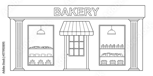 Bakery shop exterior store graphic black white sketch isolated illustration vector