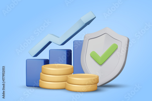 3D illustration vector render of bar graph icon with coins, shield and check mark. Concept of safe financial growth, risk management, stable management for investment, valuation, financial planning.