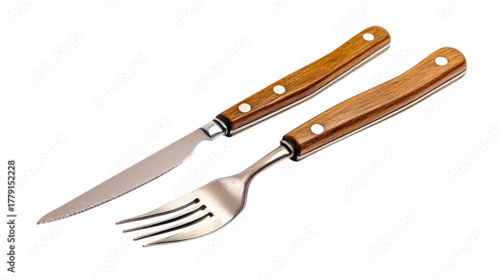 Naklejka premium Wooden Handled Stainless Steel Fork Knife Kitchen Utensils Isolated Close Up