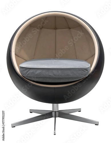 Modern, spherical armchair with a rotating base, isolating