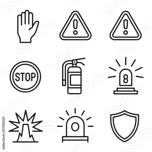 Caution and Safety Alert Line Icons | Fire Extinguisher, Siren, Hand Stop, Shield, Warning Sign