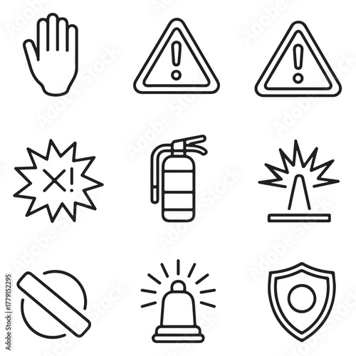 Fire and Safety Warning Icons | Alert Triangle, Fire Extinguisher, Siren, Shield, and Stop Hand Vector