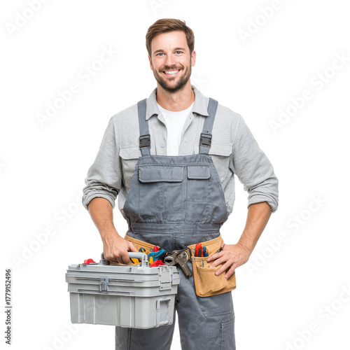 Handsome repairman with toolkit png worker png mechanic png handyman png uniform png tools png service png maintenance png professional png job png transparent background image