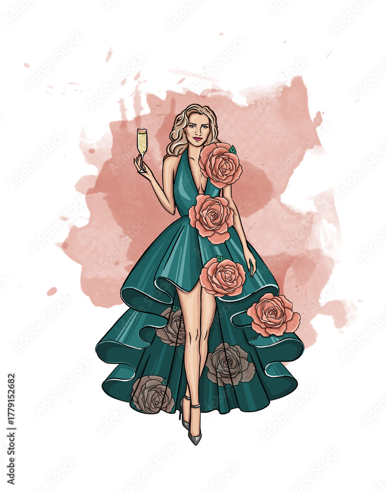 Fototapeta premium Beautiful girl with champagne in an evening dress illustration