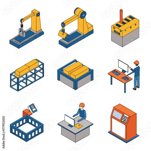 Isometric view of industrial automation elements including robots, workers and storage units shown