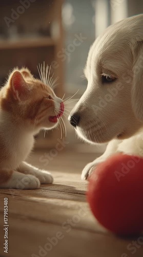 Close Encounter Between a Playful Cat and a Friendly Dog in a Cozy Indoor Setting Full of Warm Colors and Soft Lighting